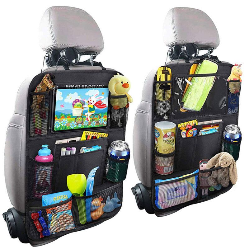 Deux organisateurs de siège auto Cocooni Pocket avec tablette, gourde et jouets