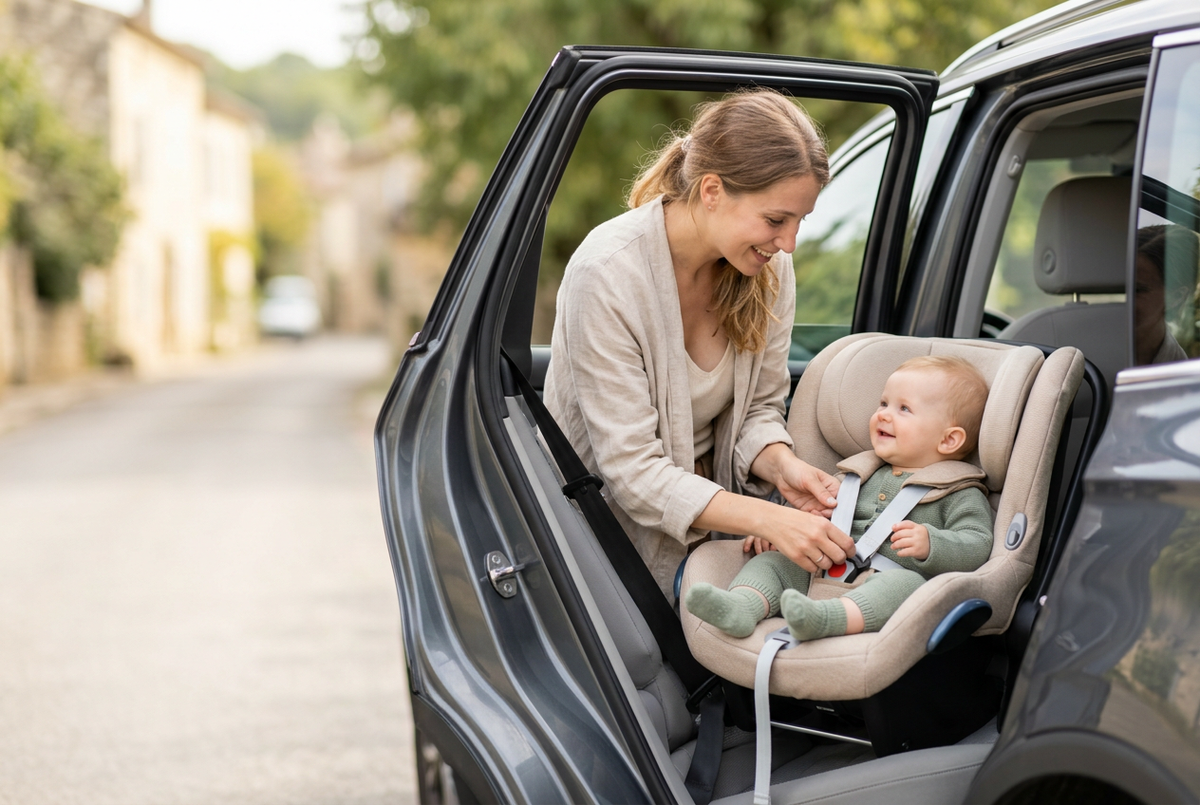 Bannière lifestyle chaleureuse avec une maman et son bébé dans une voiture familiale