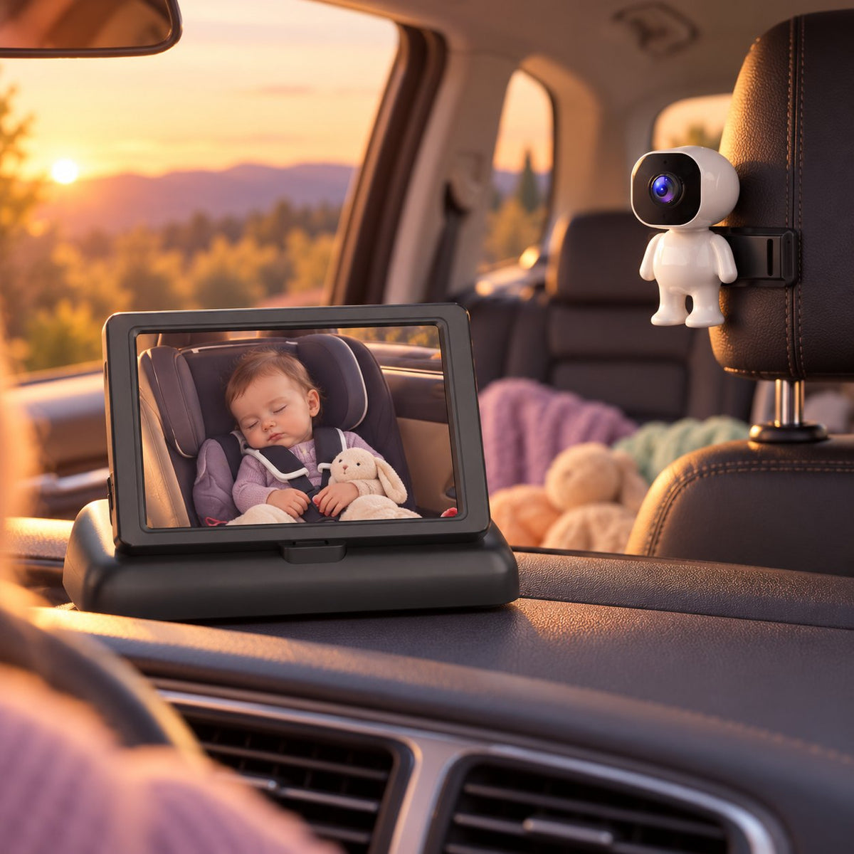 Caméra bébé voiture Cocooni Peek : écran sur le tableau de bord et caméra robot sur l'appui-tête