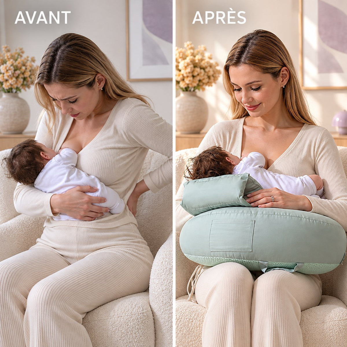 Avant / après : allaiter penchée sans coussin ou le dos droit avec le coussin Cocooni Hug