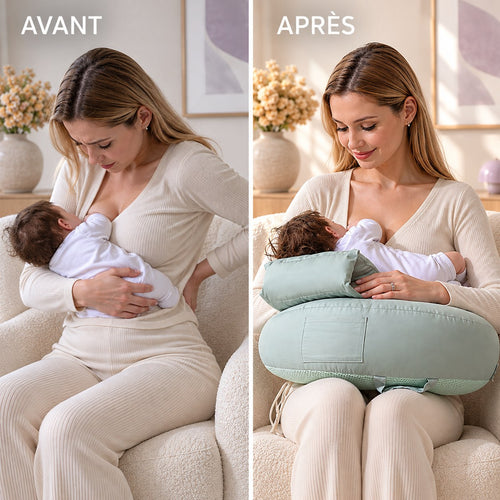 Avant / après : allaiter penchée sans coussin ou le dos droit avec le coussin Cocooni Hug