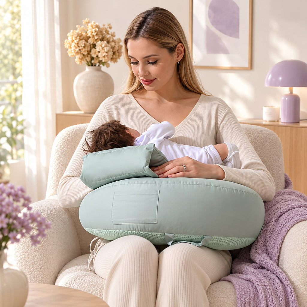 Maman qui allaite son bébé sur le coussin d'allaitement Cocooni Hug vert menthe