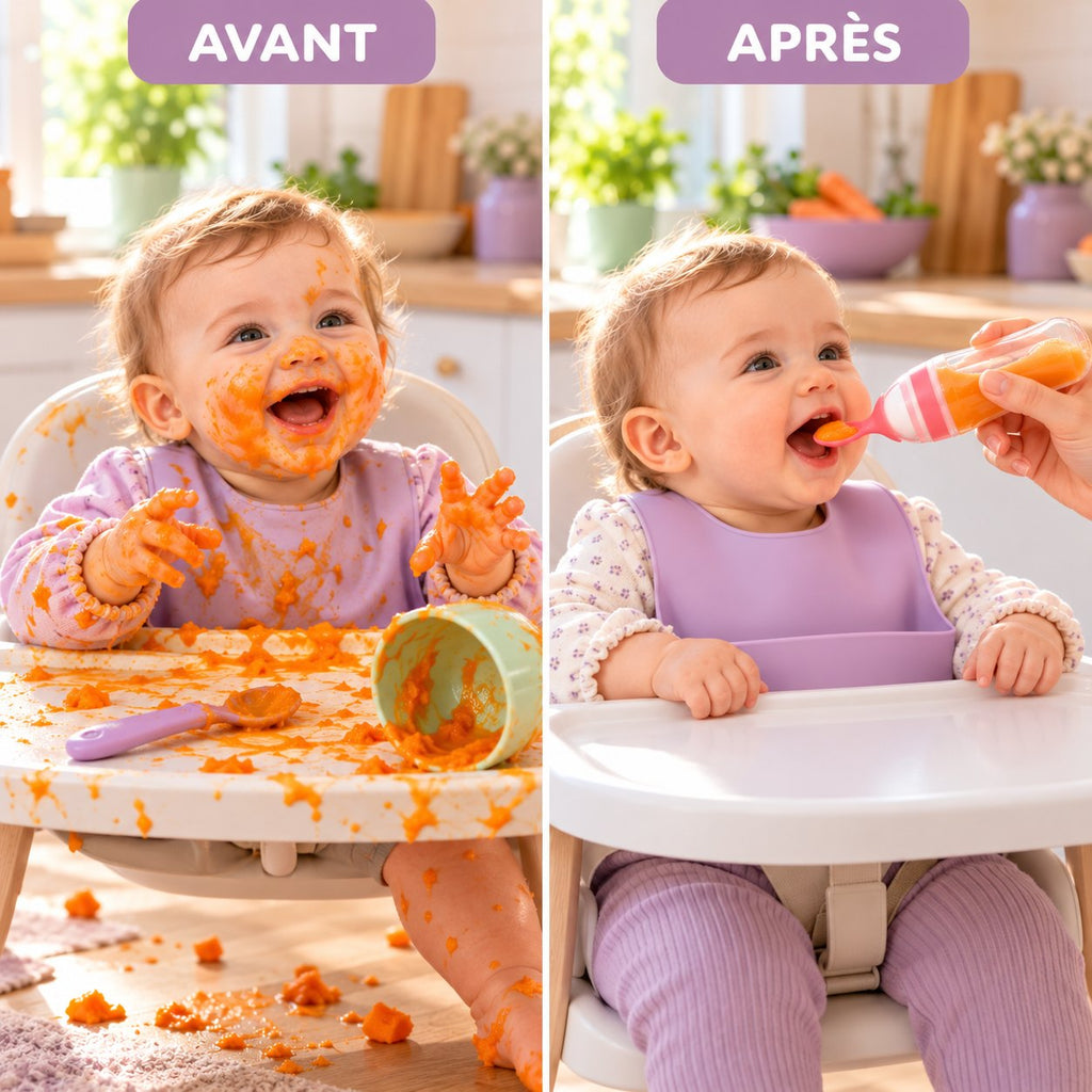 Avant / après : purée partout ou repas propre avec la cuillère-gourde