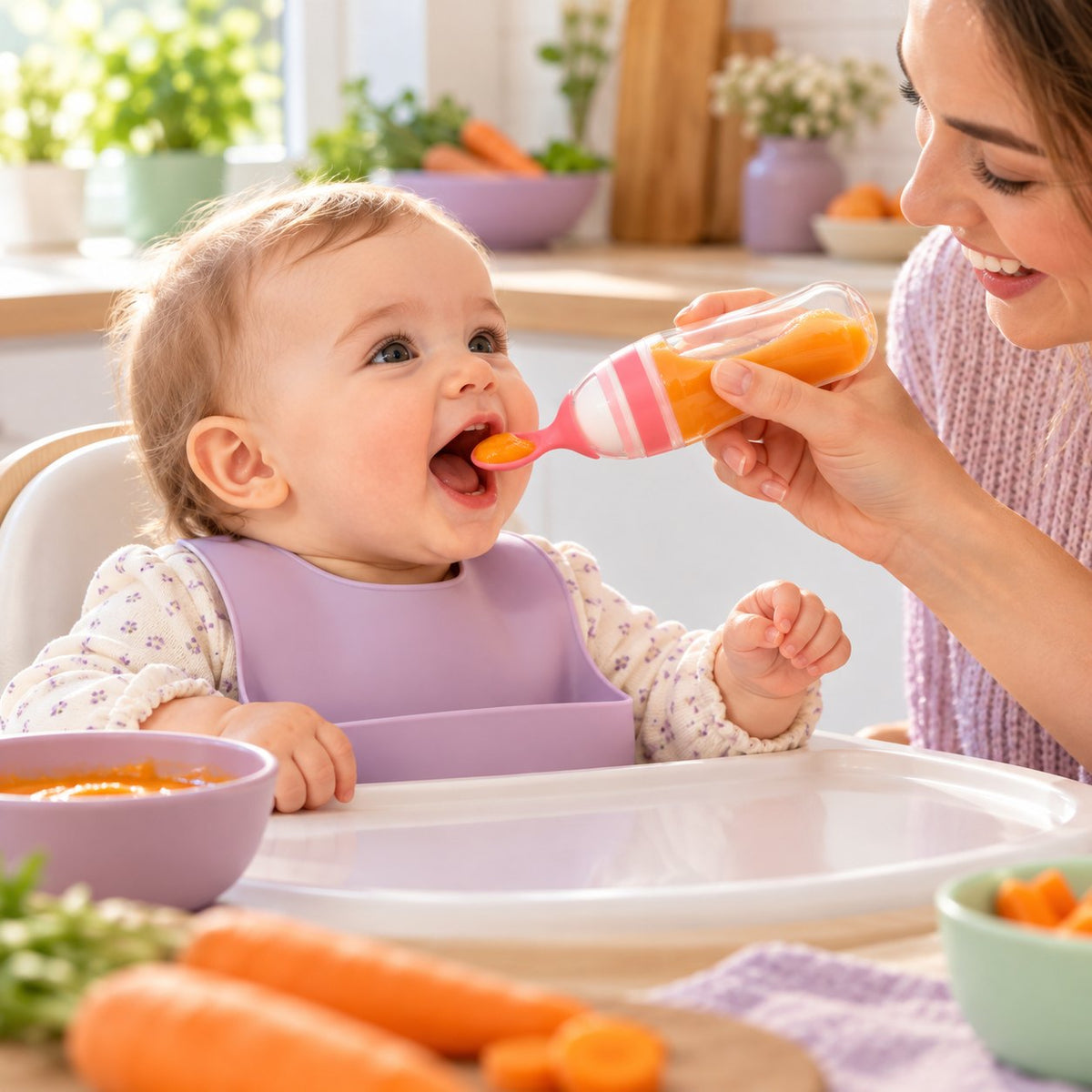 Bébé dans sa chaise haute qui mange avec la cuillère biberon Cocooni Squeezy