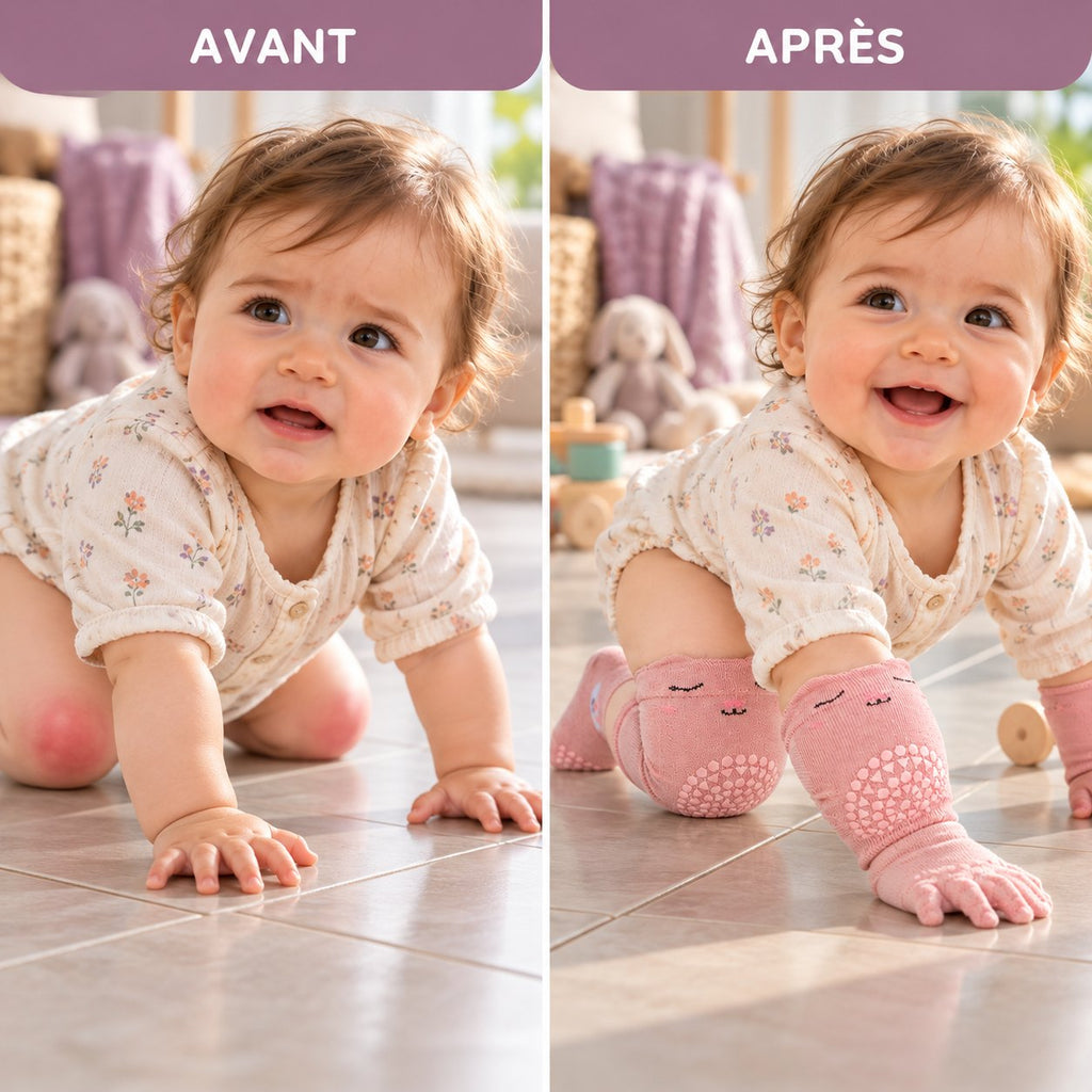 Avant / après : genoux rougis sur le carrelage ou protégés par les genouillères