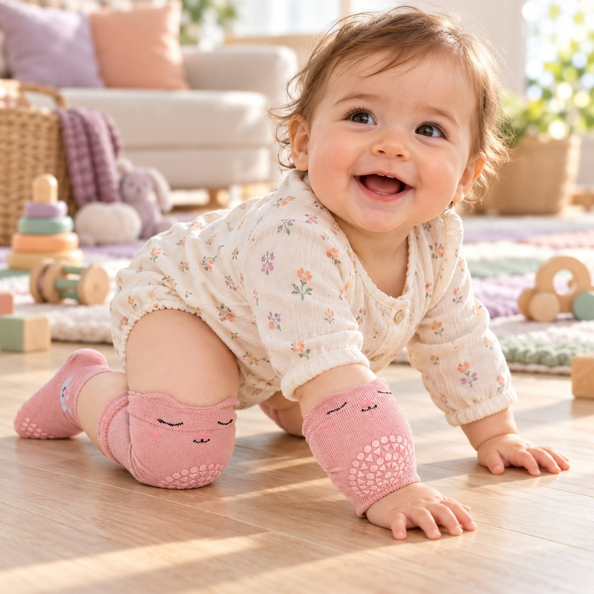 Bébé qui fait du quatre-pattes avec les genouillères Cocooni Crawl