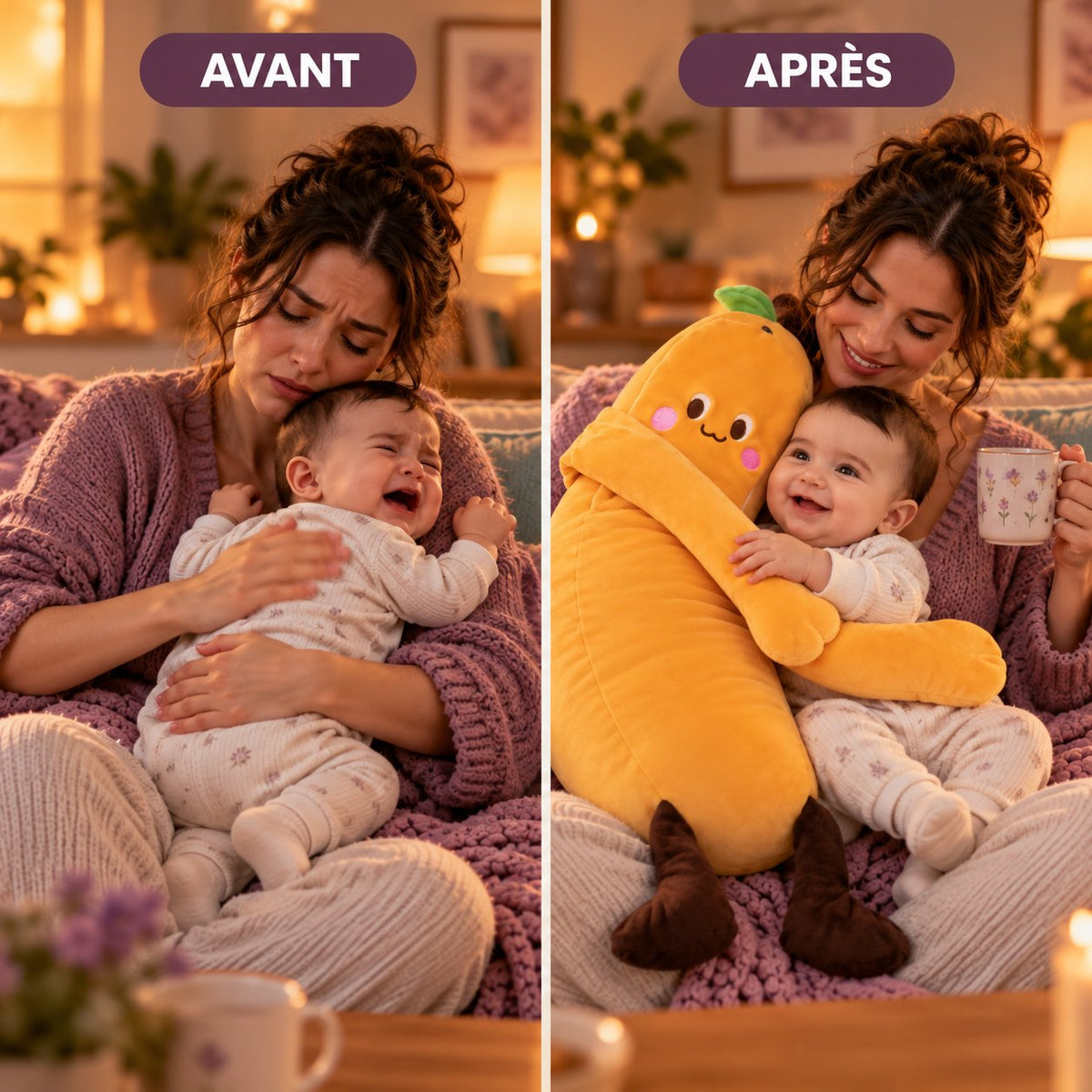Avant / après : bébé agité ou apaisé par la peluche qui tapote