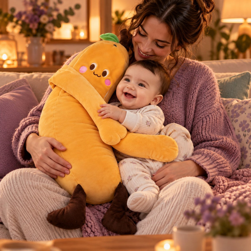 Bébé dans les bras de sa maman qui câline la peluche apaisante Cocooni Patpat