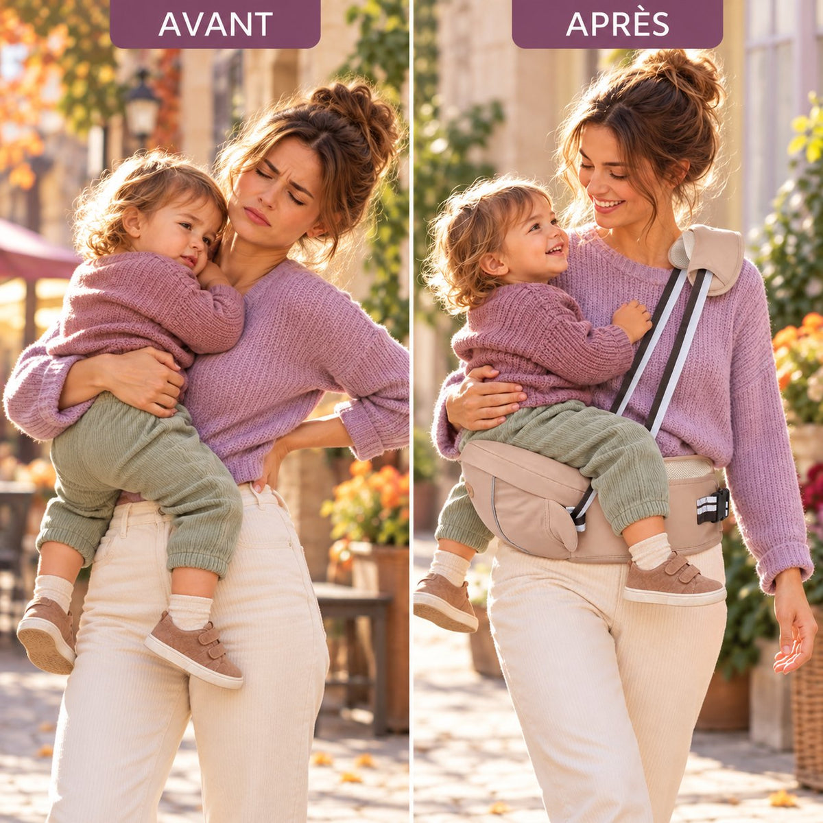 Avant / après : porter bébé sur la hanche ou avec le siège de hanche