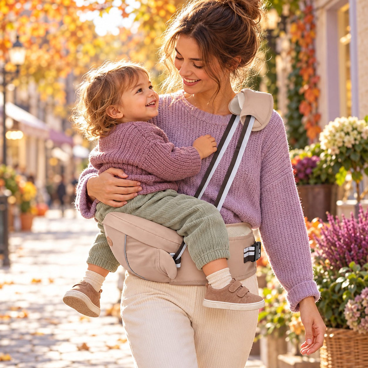 Maman qui porte son enfant sur le porte-bébé siège de hanche Cocooni Carry